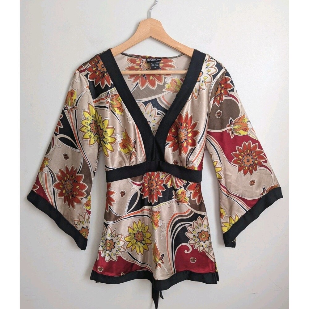 She's Cool Too Vintage Top Y2K Paisley Satin Kimono Babydoll Vneck Fairy Retro M